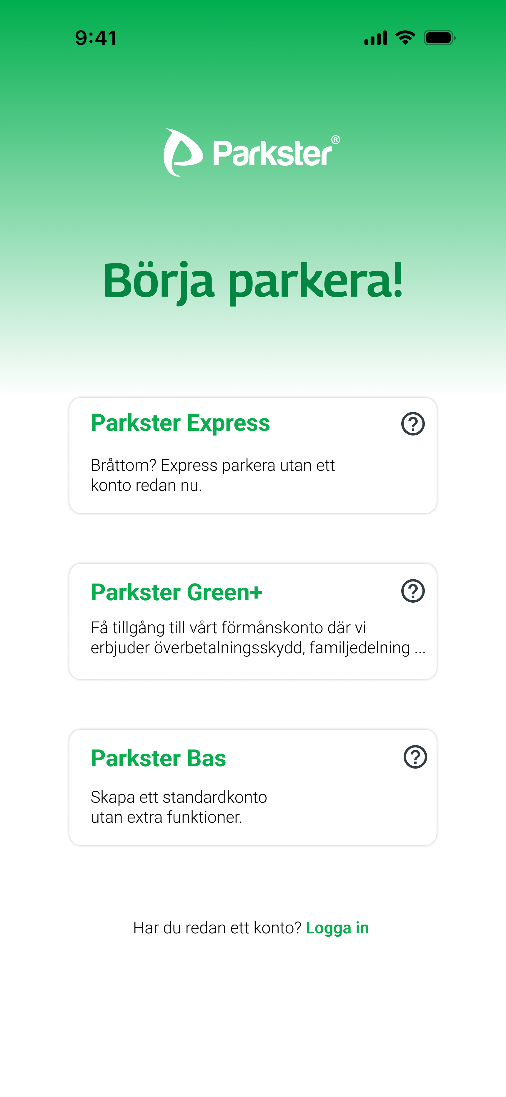 Parkster start screen
